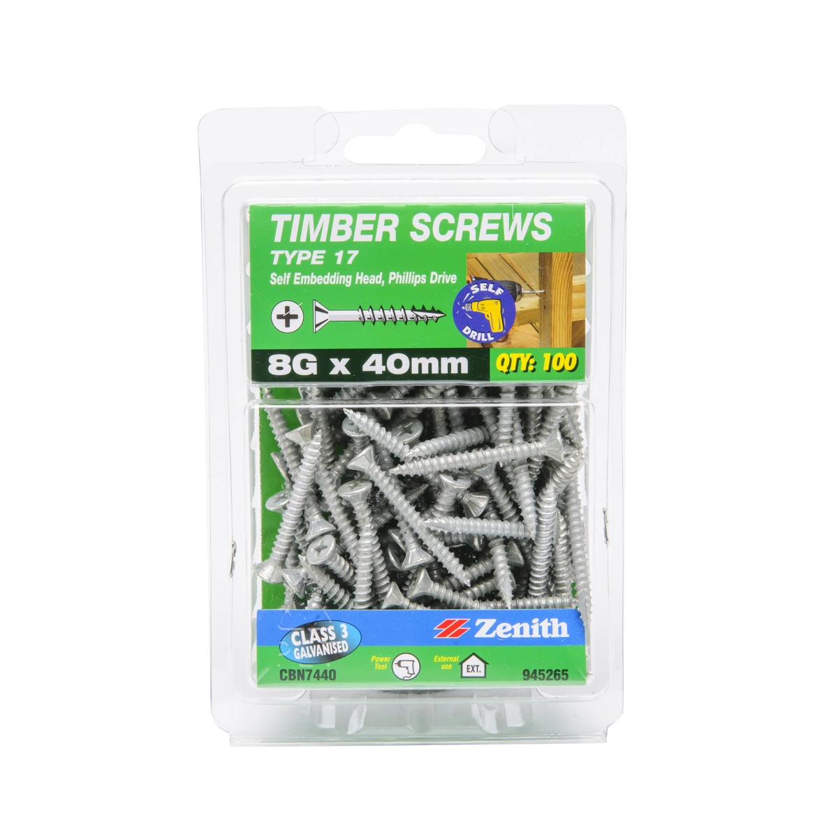 ZENITH® 8G x 40mm Class 3 Galvanised, Phillips Drive, Timber Screws – External Use – 100 Pack