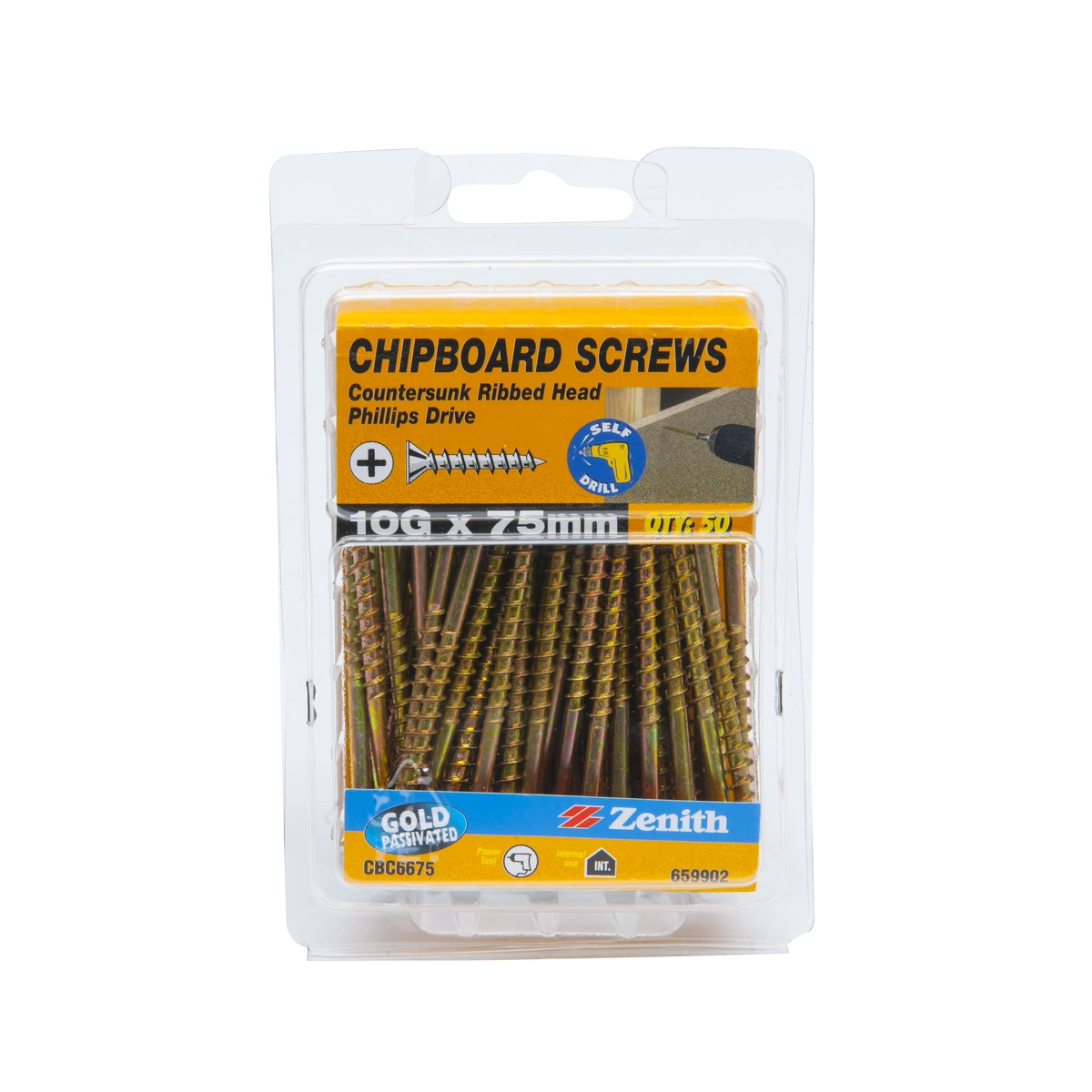 ZENITH® 10G x 75mm Gold Passivated, Phillips Drive, Chipboard Screws – Internal Use – 50 Pack