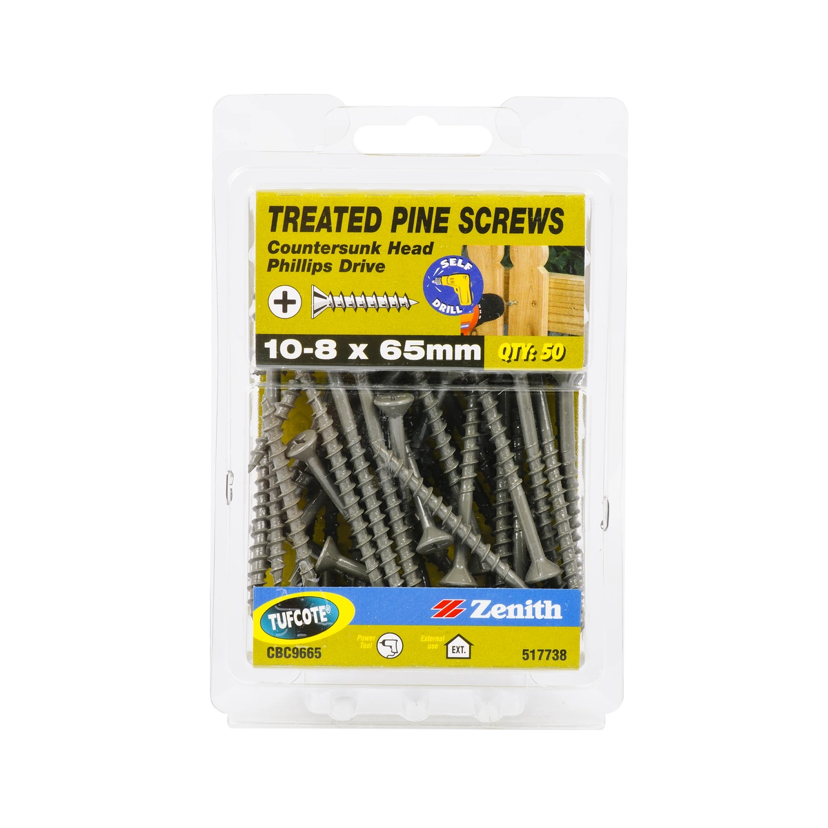 ZENITH® 10G x 65mm TUFCOTE®, Phillips Drive, Treated Pine Screws – External Use – 50 Pack