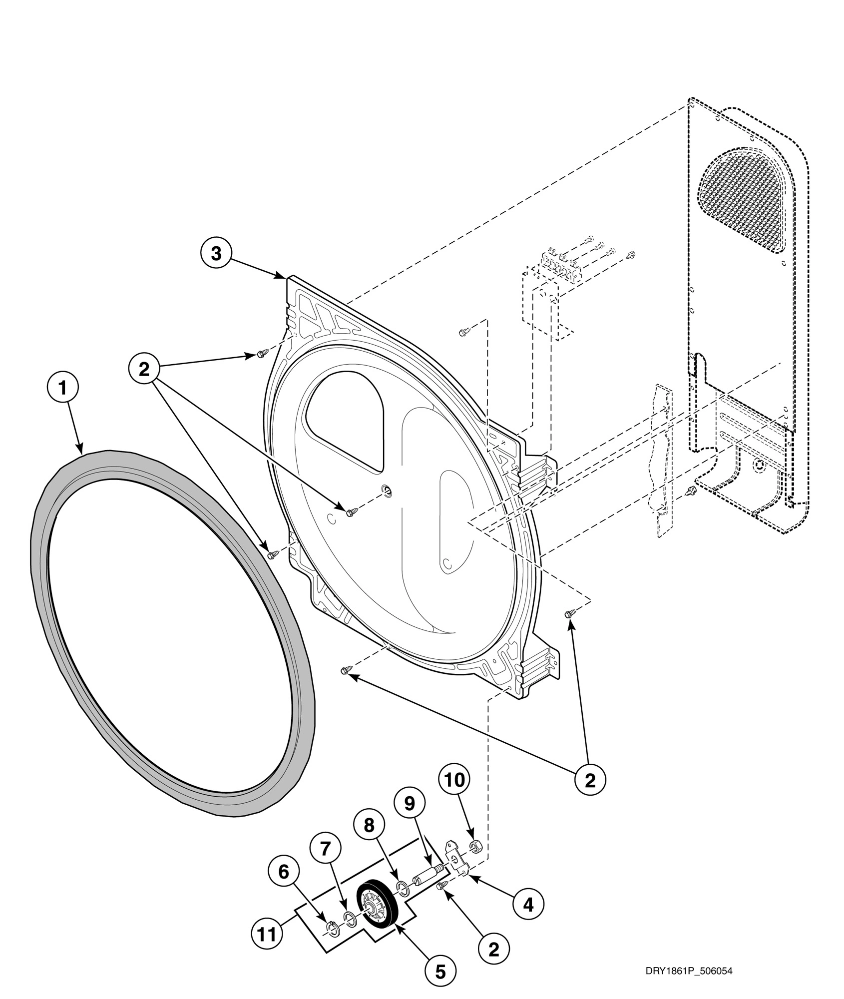 Rear Bulkhead, Felt Seal and Cylinder Roller - 1 Phase Models