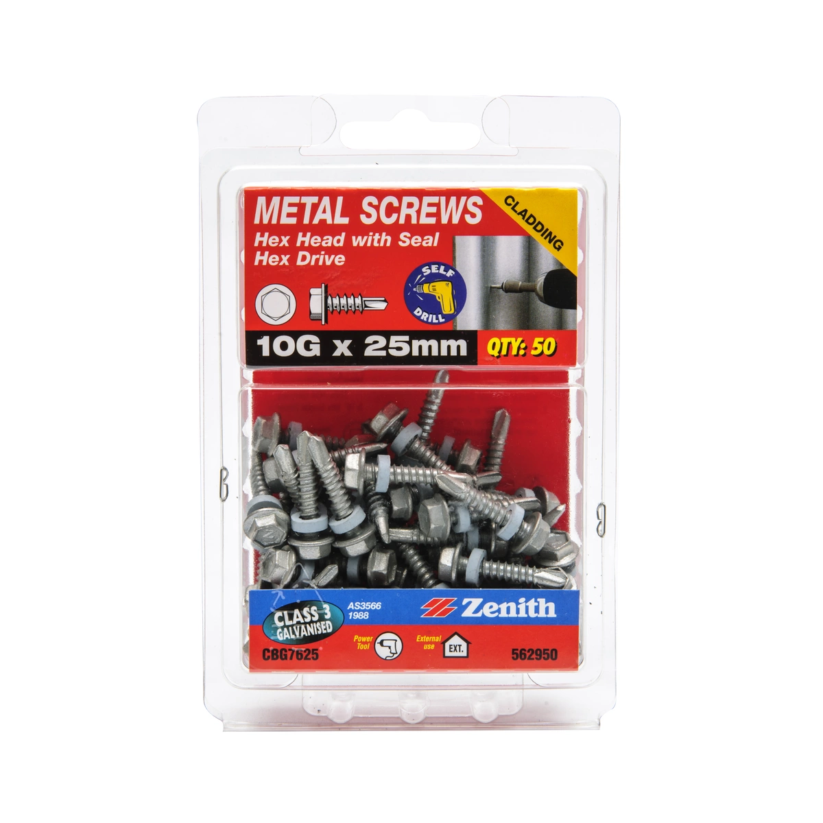 ZENITH® 10G x 25mm Class 3 Galvanised, Self Drilling, External Hex Drive, Cladding & Roofing Screws with Seal – External Use – 50 Pack