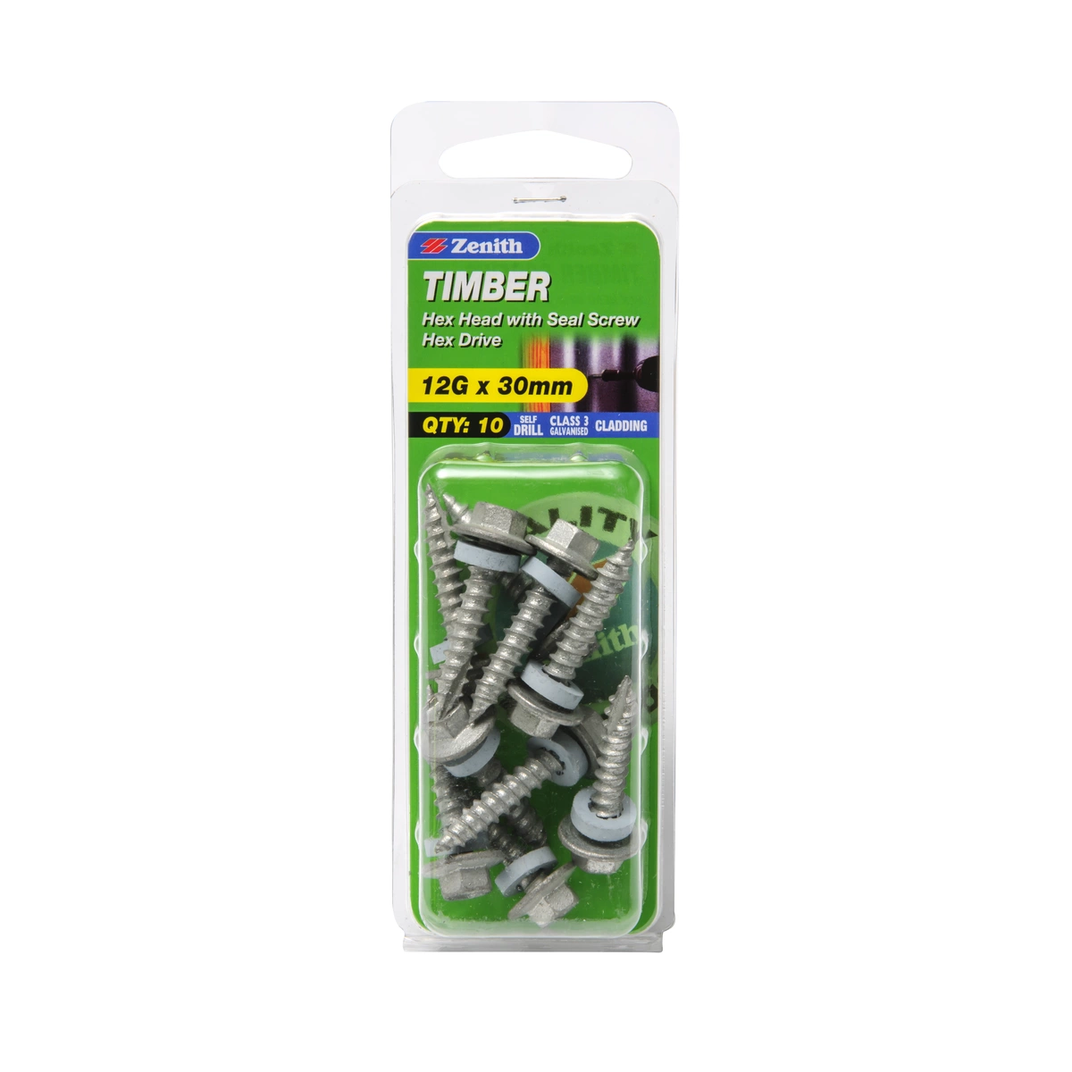 ZENITH® 12G x 30mm Class 3 Galvanised, External Hex Drive, Cladding & Roofing Screws with Seal – External Use – 10 Pack