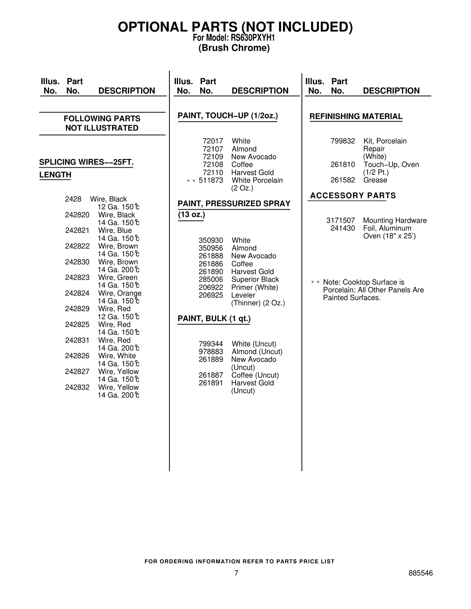 OPTIONAL PARTS (NOT INCLUDED)