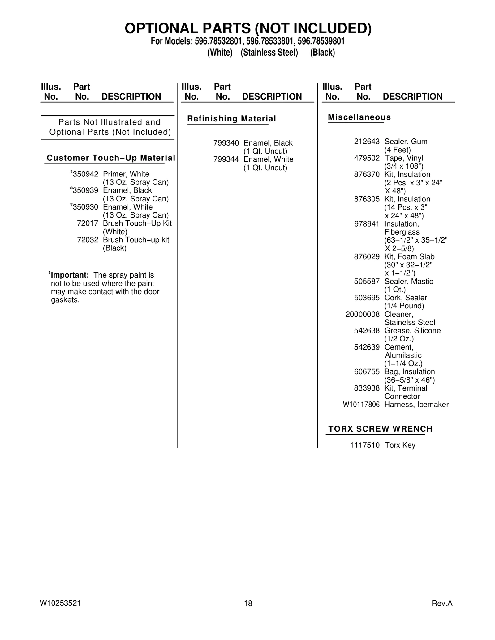 OPTIONAL PARTS (NOT INCLUDED)