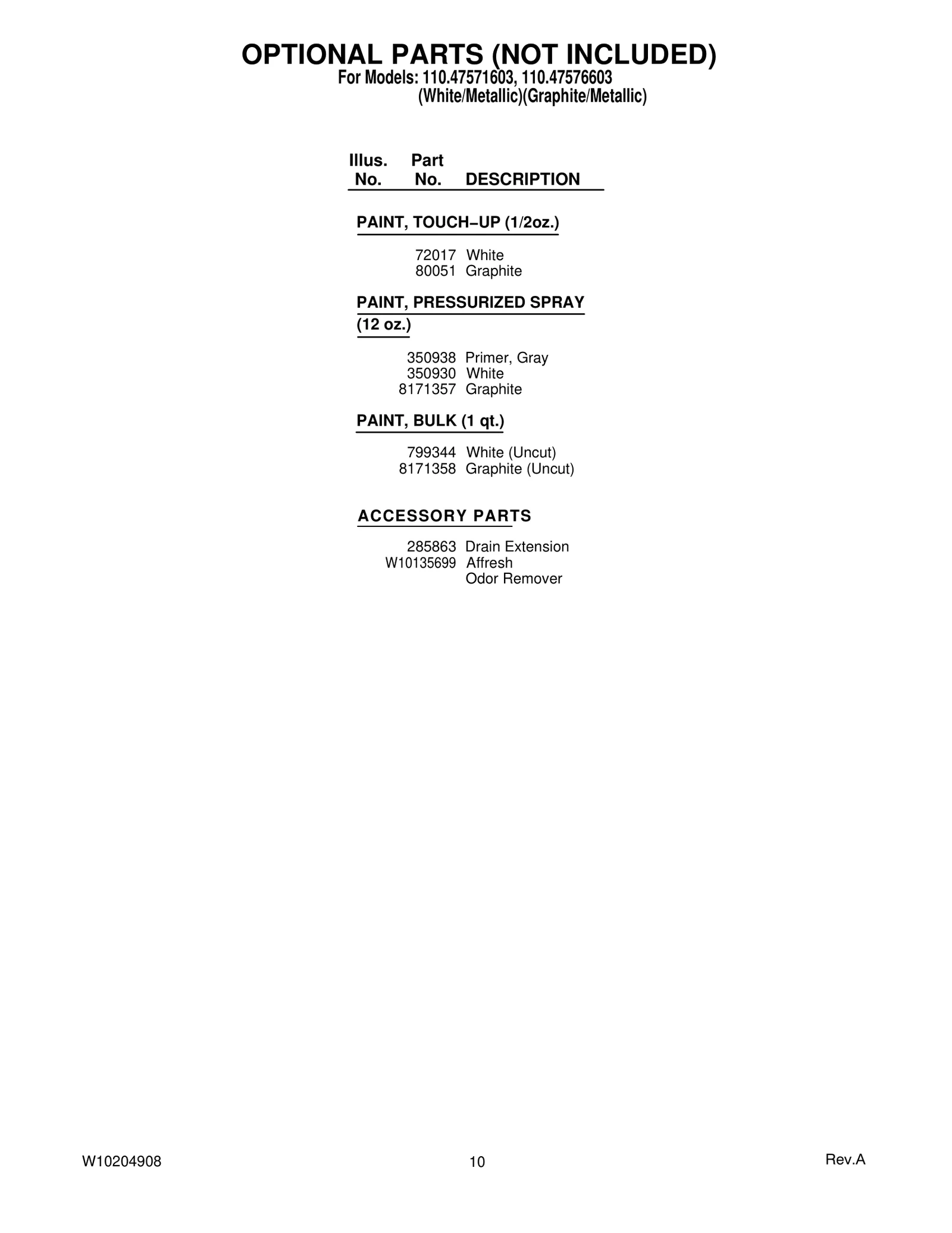 OPTIONAL PARTS (NOT INCLUDED)