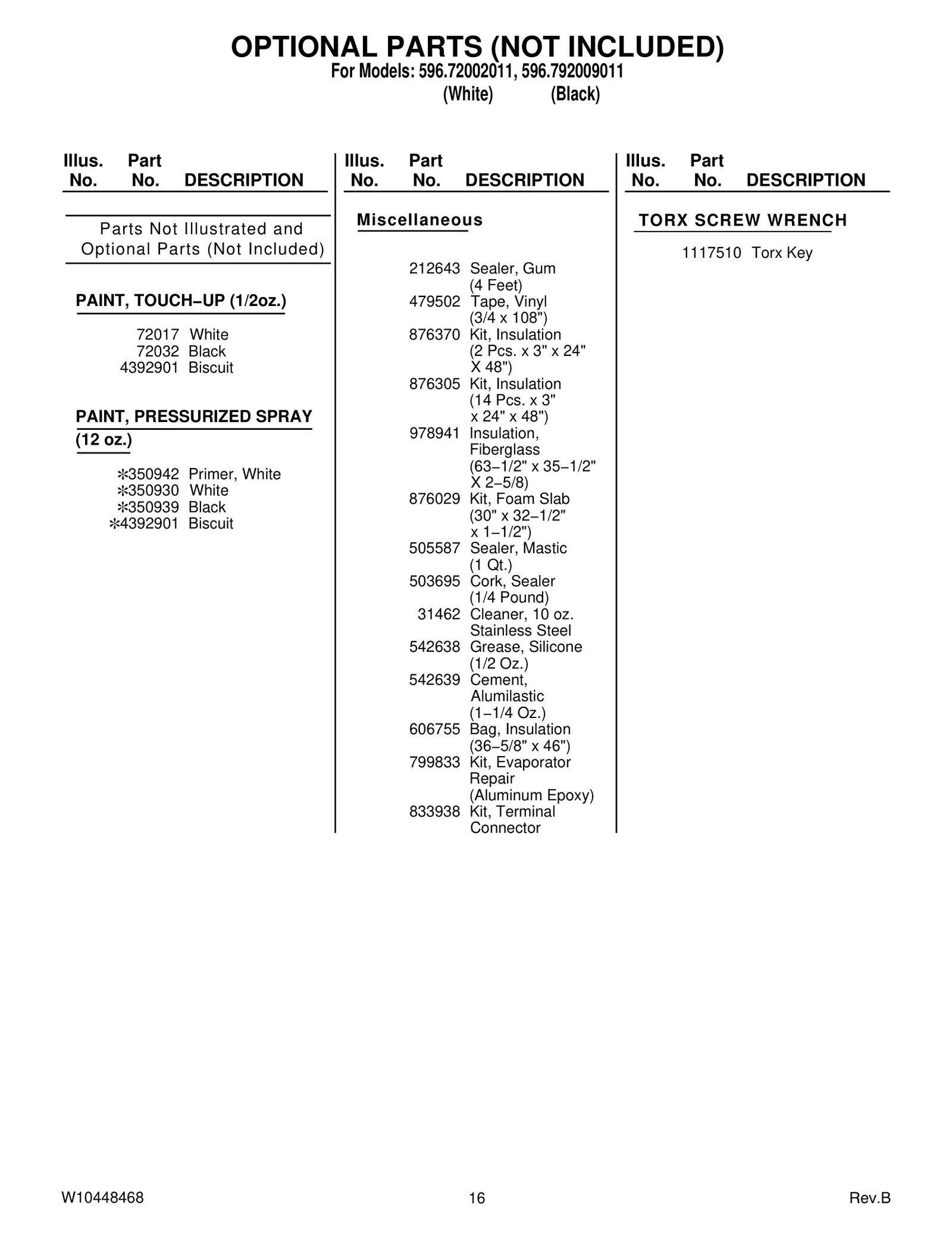 OPTIONAL PARTS (NOT INCLUDED)