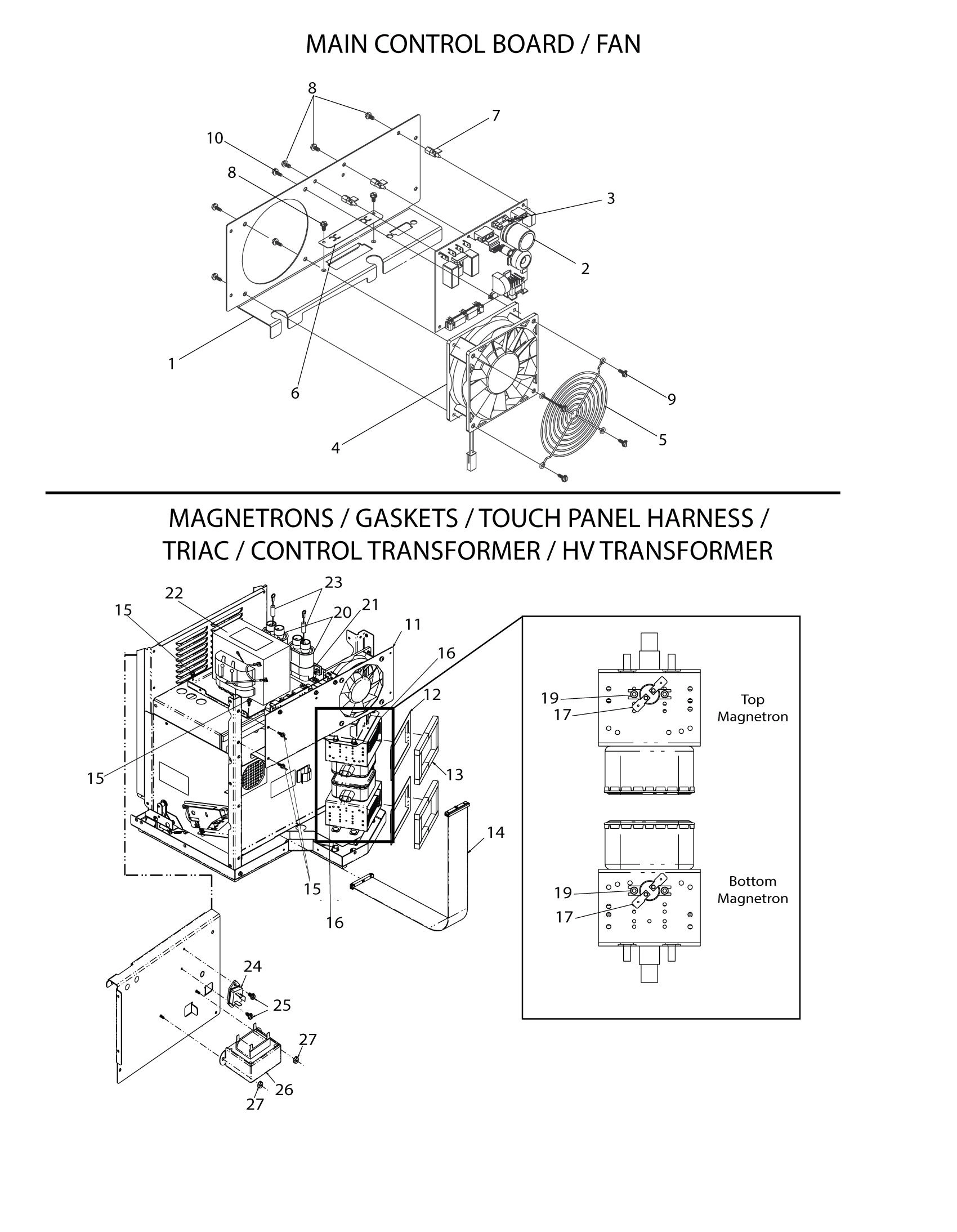 MAIN CONTROL BOARD / FAN / MAGNETRONS / TRANSFORMERS