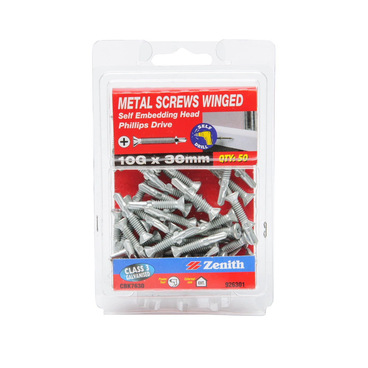 ZENITH® 10G x 30mm Class 3 Galvanised, Self Drilling, Phillips Drive, Winged Countersunk Ribbed Head, Metal Screws – External Use – 50 Pack