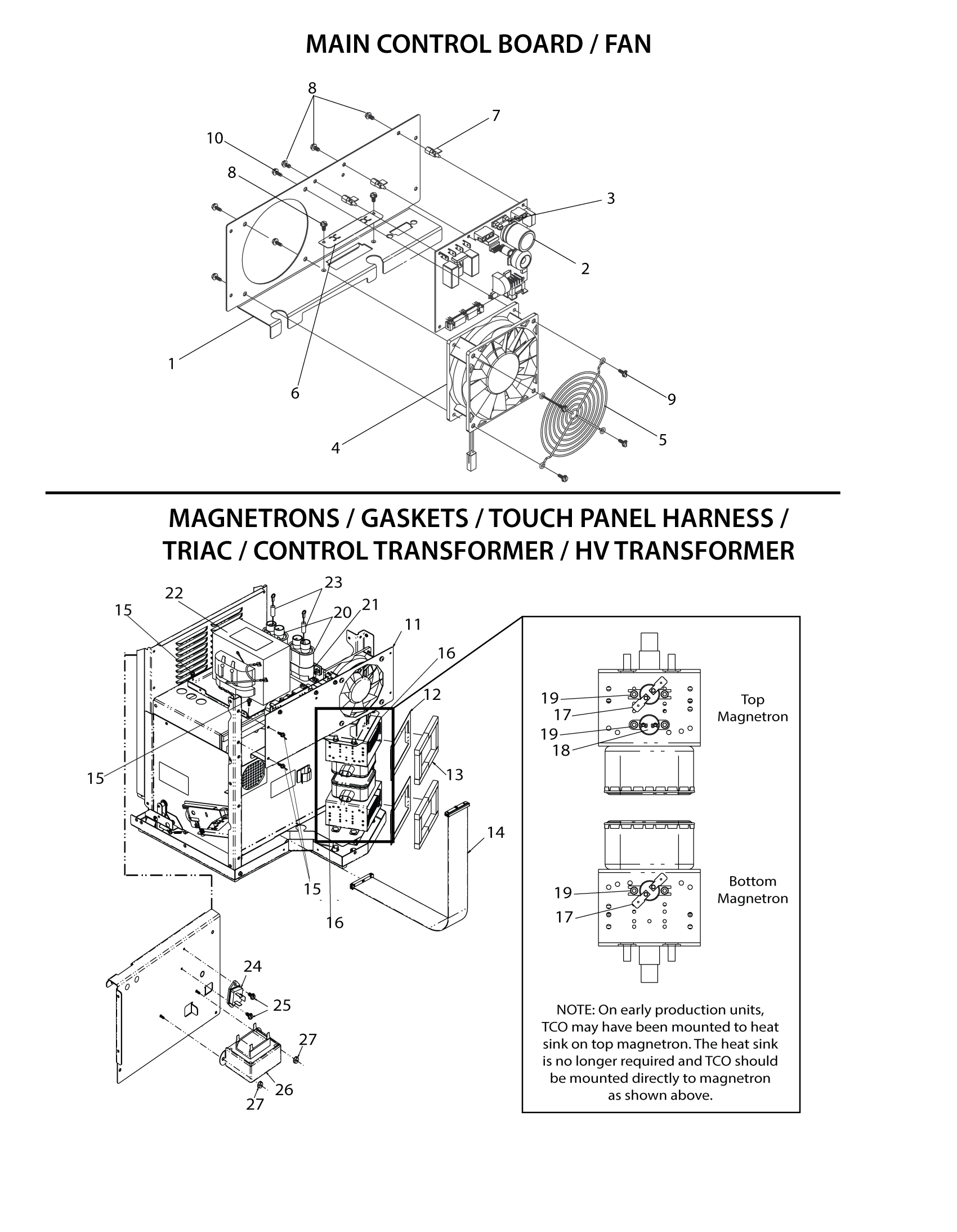 MAIN CONTROL BOARD / FAN / MAGNETRONS / TRANSFORMERS