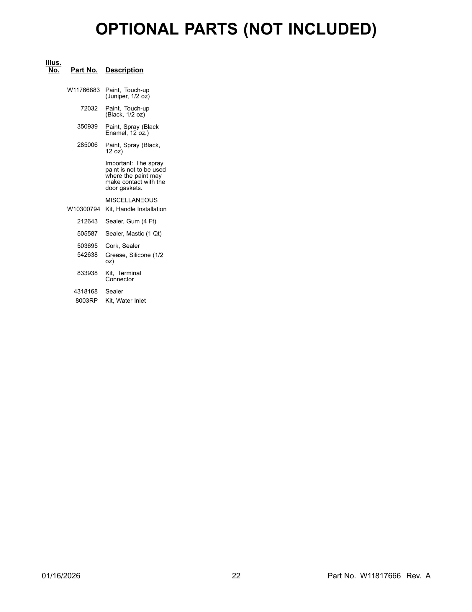 OPTIONAL PARTS (NOT INCLUDED)