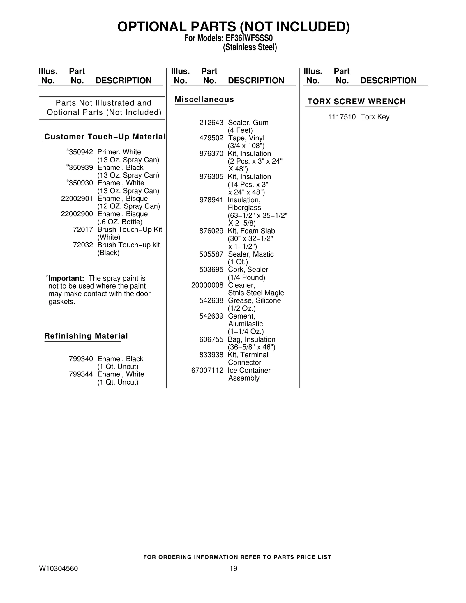 OPTIONAL PARTS (NOT INCLUDED)