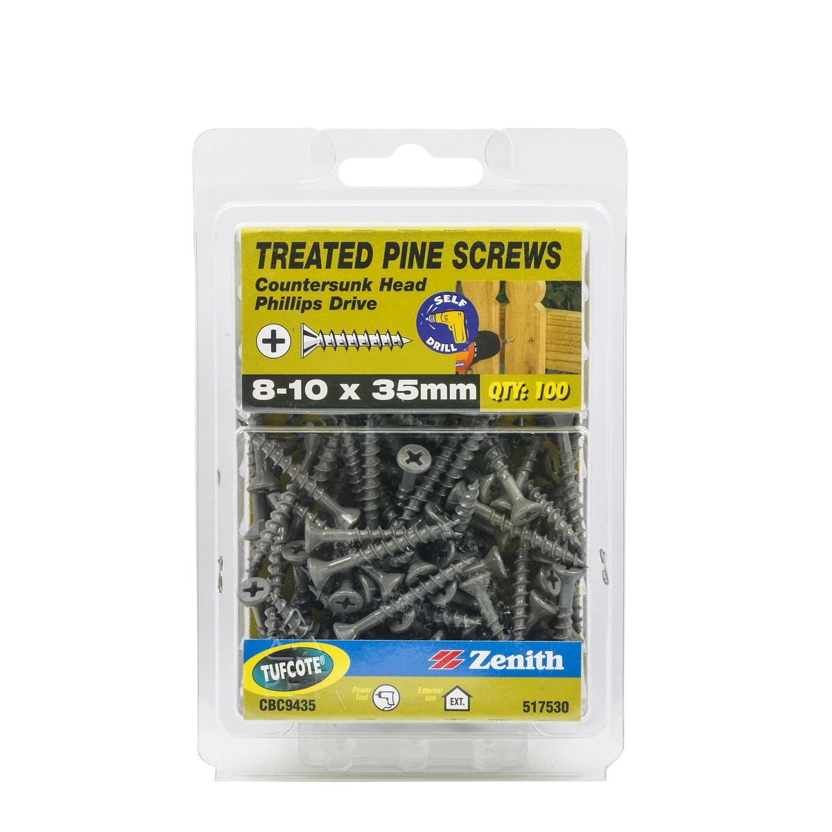 ZENITH® 8G x 35mm TUFCOTE®, Phillips Drive, Treated Pine Screws – External Use – 100 Pack